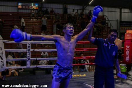 Phunkorn Celebrating his win over Torkeb Sinbi Muay Thai